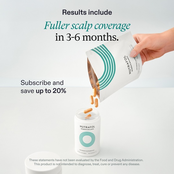 A clean, minimalist 1:1 image featuring a hand pouring hair growth supplement capsules into a bottle with clear benefit-focused text overlays.